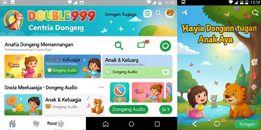 Tampilan antarmuka aplikasi DOUBLE999 dengan daftar cerita dongeng audio.