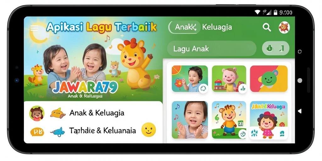 Antarmuka aplikasi JAWARA79 yang menarik untuk lagu-lagu anak.