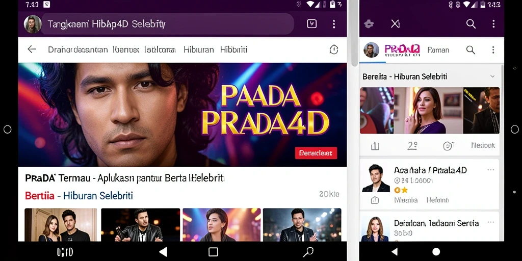 Antarmuka aplikasi PRADA4D dengan berita selebriti terbaru.